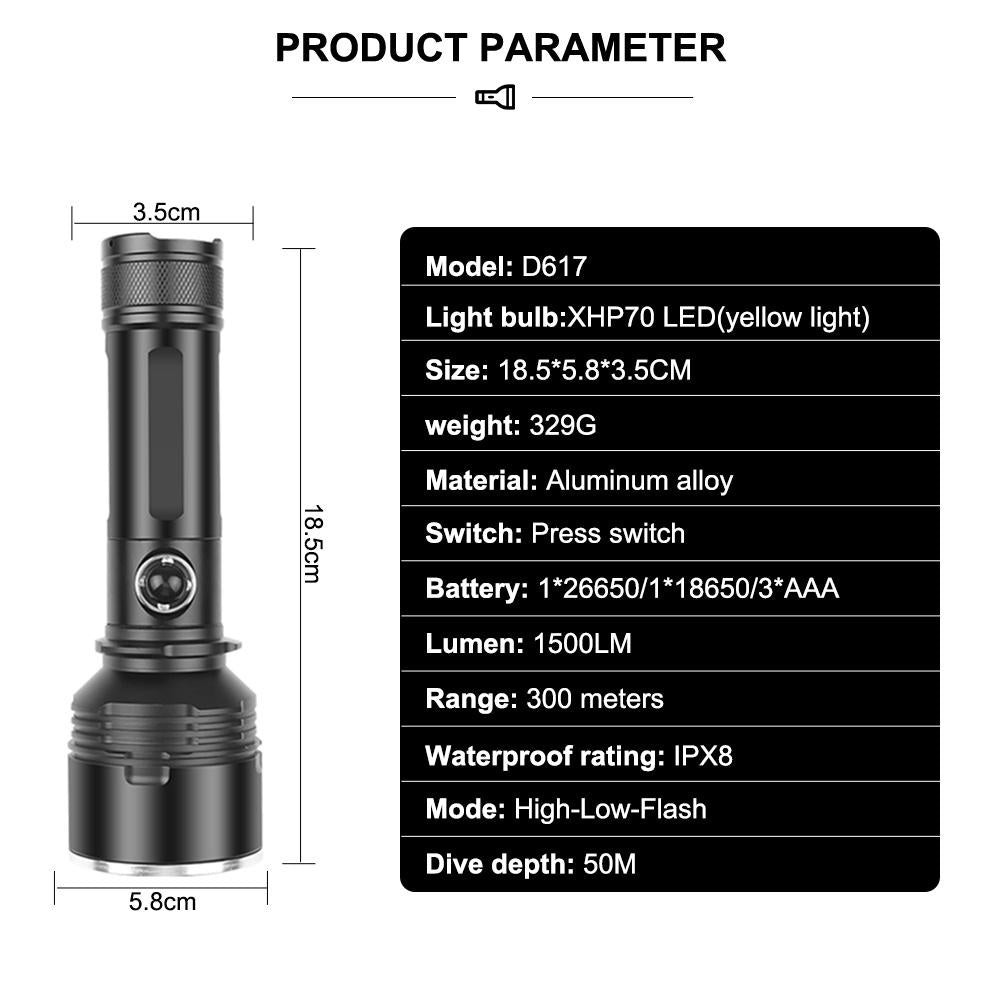 Asafee 1500Lm D617 Super Bright Xhp70Led Yellow Light Handheld Diving Torch Fixed Focus 3 Gears Press Switch Use 18650 26650 Battery Ipx8 Waterproof