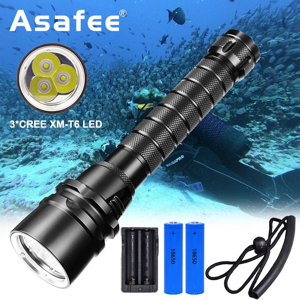 Asafee 30000LM 3*XML-T6 LED Professional Powerful led Waterproof Scuba Diving Flashlight Diver Light LED Underwater Torch Lamp Lanterna