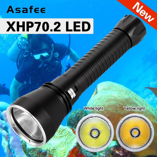 Asafee 4000LM A26 Powerful Super Brightest XHP70.2 LED Diving flashlight original Scuba  200m Underwater Torch dive Lamp lantern IPX8 Waterproof White/Yellow light