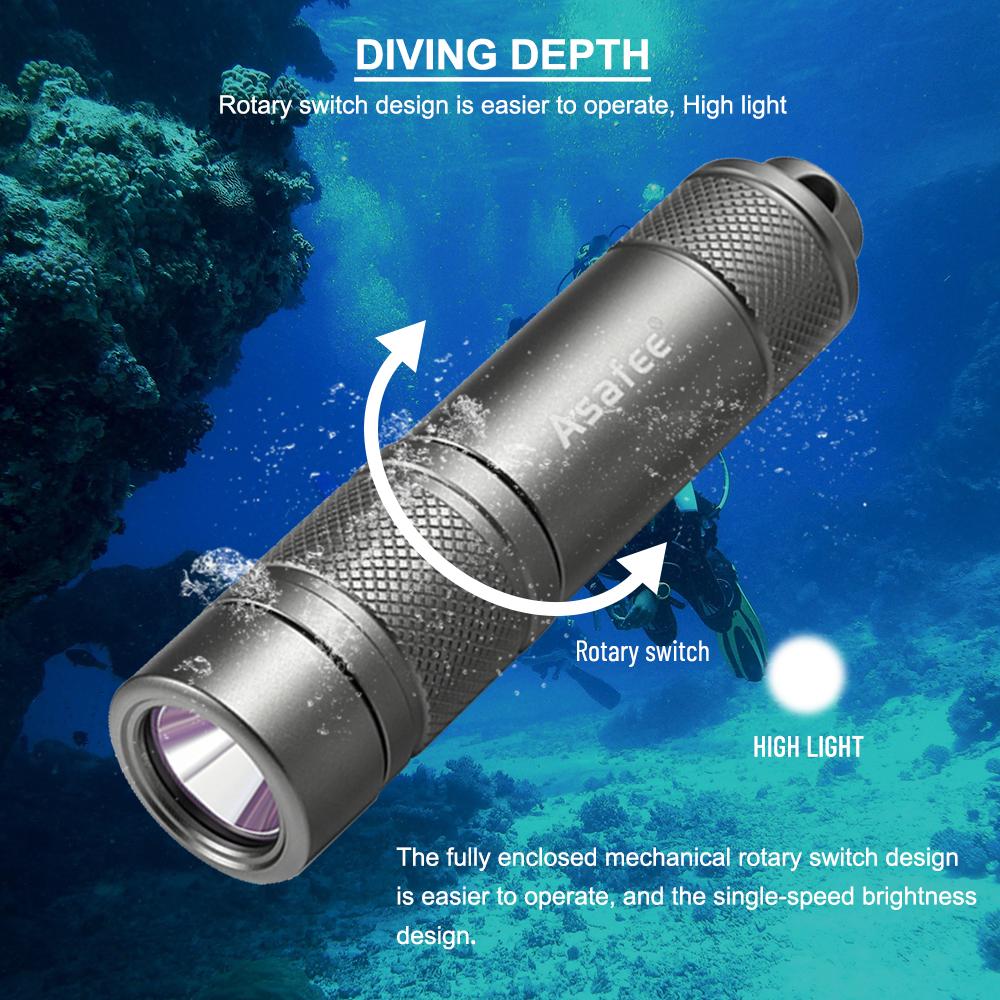 Asafee 350LM AF11 XPG LED Super Bright Diving Flashlight Diving Scuba Underwater 150 M Rotary Switch with 18650 Battery IPX8 Waterproof