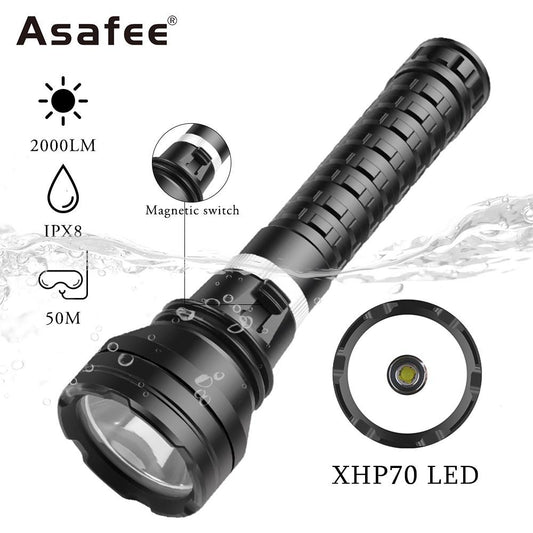 Asafee D856 XHP70 LED Diving Flashlight 2000LM IPX8 Waterproof Rechargeable 50M Diving Depth Torch Lamp lantern for Diver