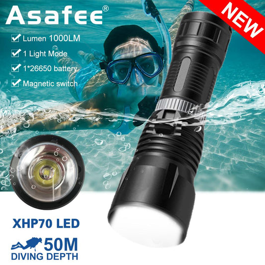 Asafee D857 Super Bright Diving Flashlight Portable Safety Light XHP70 LED Scuba Underwater 1000LM Magnetic Switch Torch Using 26650 Battery IPX8 Waterproof