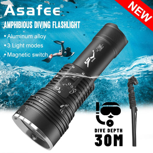 Asafee amphibious D190 ultra bright flashlight 60W white LED scuba diving 30M magnetic switch 3 gear switching using 18650/26650 battery IPX8 waterproof