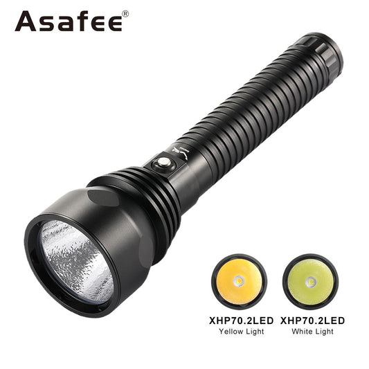 Asafee A17 Diving Torch XHP70.2 LED yellow /white light Diving Torch Central waterproof switch Applicable battery 2* 26650 IPX-8 waterproof diving fishing