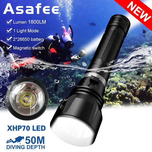 Asafee D858 XHP70 LED Super Bright Diving Flashlight Torch Safety Light Scuba Underwater 1800LM Magnetic Switch Torch Using 2*26650 Battery IPX8 Waterproof