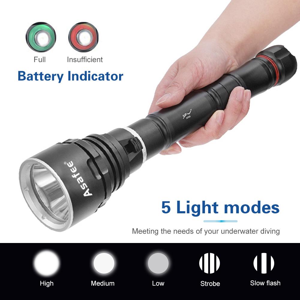 Asafee 3000LM DA33 ultra bright P70 LED diving flashlight scuba fishing underwater 80M using 18650/26650 batteries  multi gear magnetic control thrust switch IPX8 waterproof