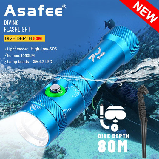 Asafee AF15D Super Bright Diving Flashlight scuba XM-L2 LED White Light Portable Flashlight Underwater 80M with 18650 Battery 3 Mode Switch IPX8 Waterproof Fishing