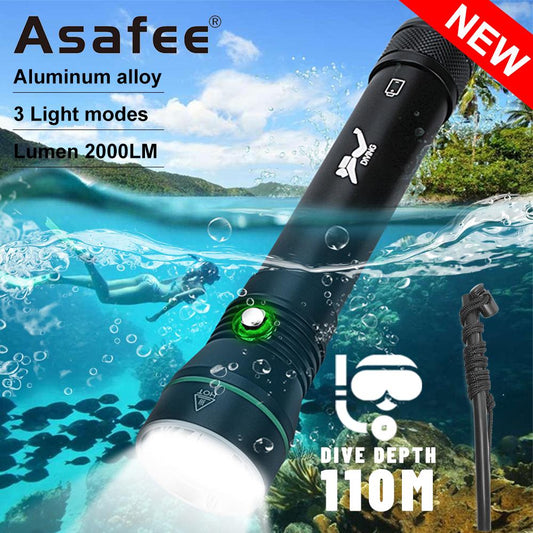 Asafee S4 2000LM ultra bright P50 LED diving flashlight original scuba 3 modes middle button switch using 18650/26650 battery 110M underwater  safety lamp IPX8 waterproof