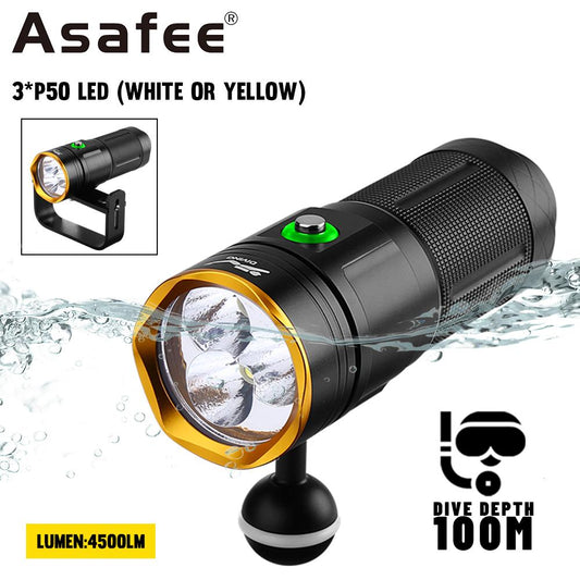 Asafee DA36 Diving photography fill light XHP50.2 LED white+yellow light diving Flashlight scuba 5mode switch use3*18650 battery underwater 100M IPX8 waterproof Fishing adventure