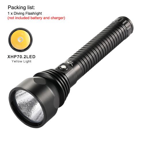 Asafee A17 Diving Torch XHP70.2 LED yellow /white light Diving Torch Central waterproof switch Applicable battery 2* 26650 IPX-8 waterproof diving fishing