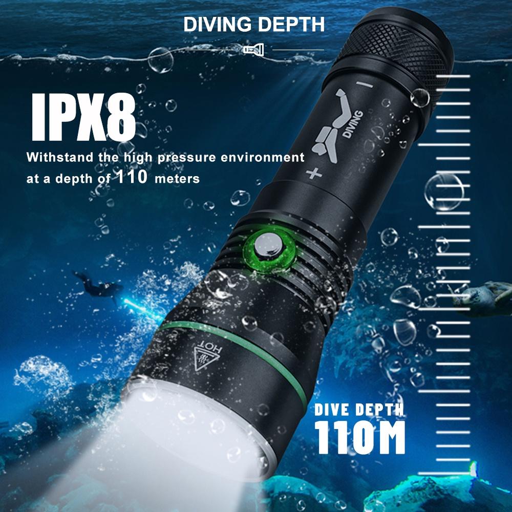 Asafee 2000LM S3 XHP50 LED Super bright light diving flashlight uses 18650/26650 battery three-gear button switch underwater 110M IPX8 Waterproof