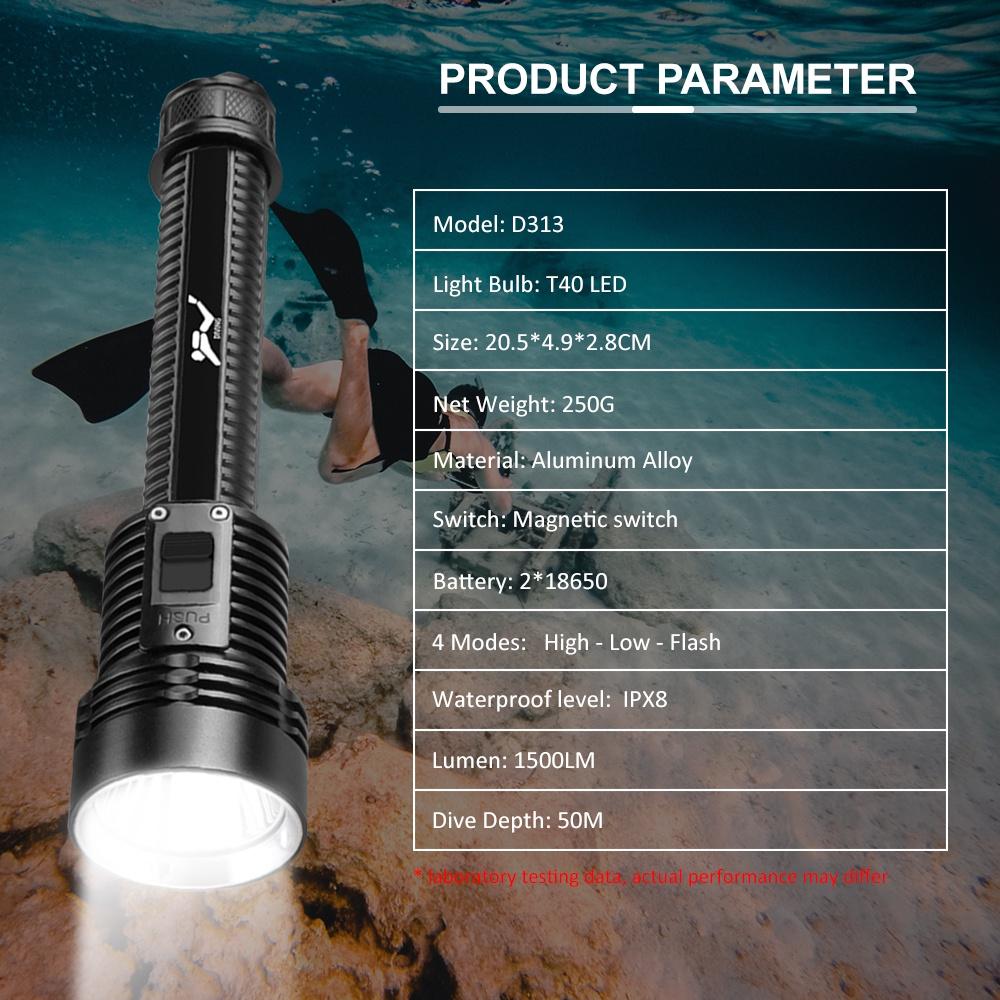 Asafee 1200-1500Lm D313 T40 Led Super Bright Diving Flashlight Scuba Can Focus Push Magnetic Switch Use 2X18650 Battery 3 Gear Switches Underwater 30Mipx8 Waterproof