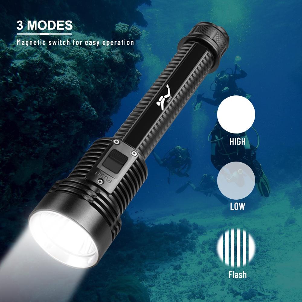 Asafee 1200-1500Lm D313 T40 Led Super Bright Diving Flashlight Scuba Can Focus Push Magnetic Switch Use 2X18650 Battery 3 Gear Switches Underwater 30Mipx8 Waterproof