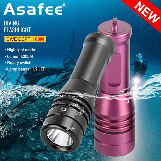 Asafee 800LM DM008 Ultra Bright MINI L2 LED Scuba Diving Flashlight Rotary Switch uses14500 Battery Dive Torch Underwater 80M IPX8 Waterproof