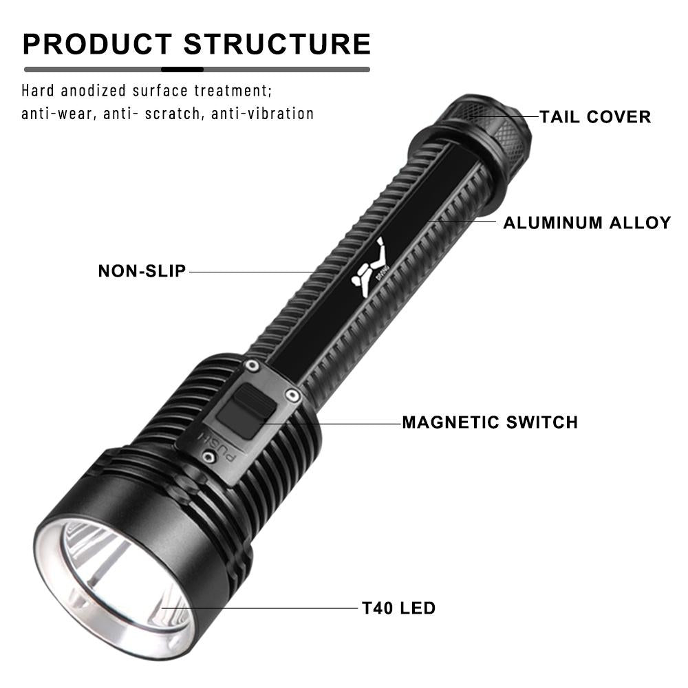 Asafee 1200-1500Lm D313 T40 Led Super Bright Diving Flashlight Scuba Can Focus Push Magnetic Switch Use 2X18650 Battery 3 Gear Switches Underwater 30Mipx8 Waterproof