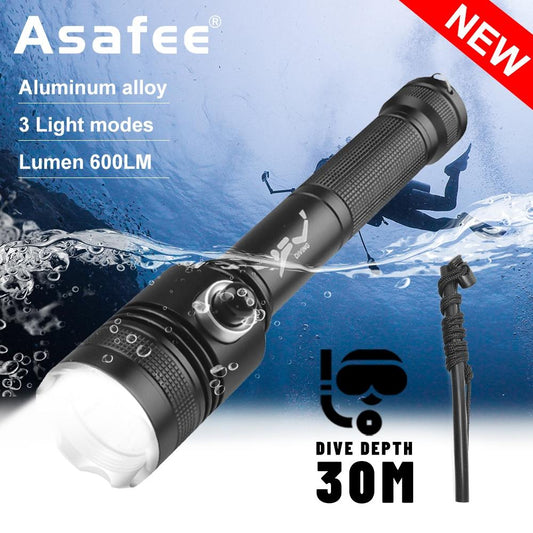 Asafee 600LM D239A P70 LED ultra bright dive flashlight Scuba Prime focus 3 gear press magnetic switch using 18650 battery IPX8 waterproof