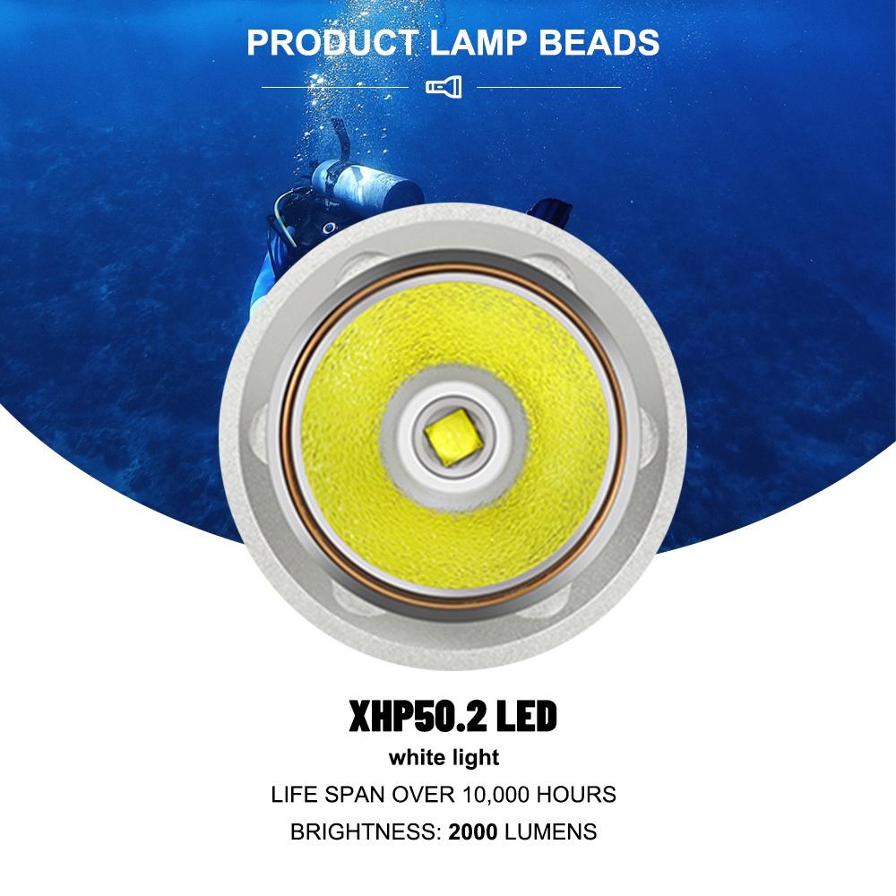 Asafee 2000LM A20 Super Powerful Light XHP50.2 LED  Diving Flashlight Scuba using 18650/26650 battery 5 gear switching underwater Waterproof 80M IPX8 Waterproof