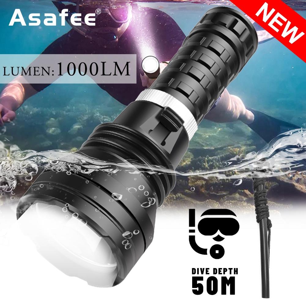 Asafee 1000Lm D855 Xhp70 Powerful Super Bright Diving Flashlight Scuba Magnetic Switch Using 26650 18650 Optical Cup Fixed Focus Underwater 50M Ipx8 Waterproof