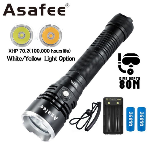 Asafee A18 2200LM XHP70 LED Super bright powerful light diving flashlight Scuba using 18650/26650 battery diving underwater 80M IPX8 waterproof