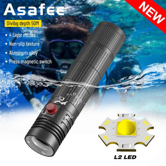 Portable Super Bright Diving Scuba Flashlight D901 L2 LED Underwater 50M Flashlight Torch 4-speed Push on Magnetic Switch Using 18650 Battery IPX8 Waterproof Fishing