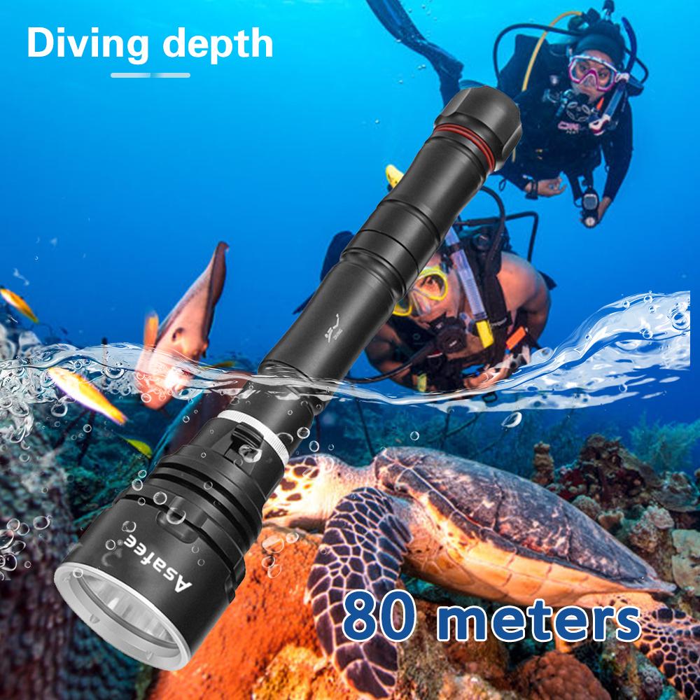 Asafee 3000LM DA33 ultra bright P70 LED diving flashlight scuba fishing underwater 80M using 18650/26650 batteries  multi gear magnetic control thrust switch IPX8 waterproof