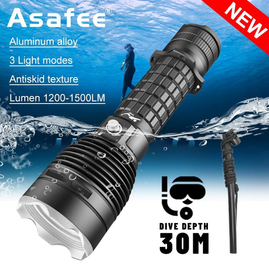 Asafee 1500LM Super Bright Diving Flashlight D815B XHP70 LED Diving Scuba 3-speed Push on Magnetic Switch uses18650/26650 Battery IPX8 Waterproof MD6C