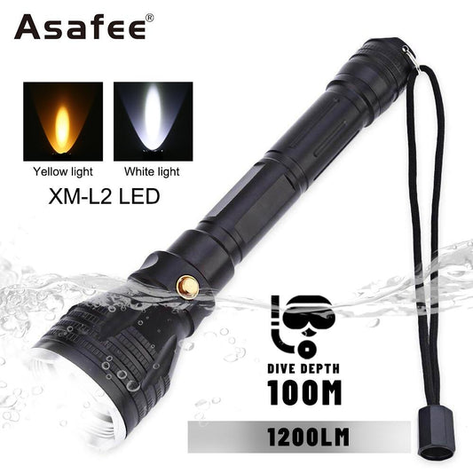 [local delivery]Asafee 100% original FL022D 1200LM Diving Flashlight T6/L2 LED Yellow/White Light Underwater 100M Depth Torch Scuba Dive Lamp Self Defense Camping Fishing