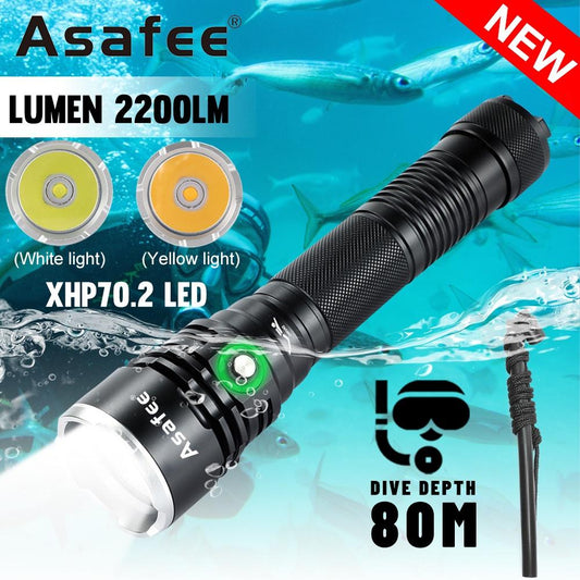 Asafee A18 2200LM XHP70 LED Super bright powerful light diving flashlight Scuba using 18650/26650 battery diving underwater 80M IPX8 waterproof