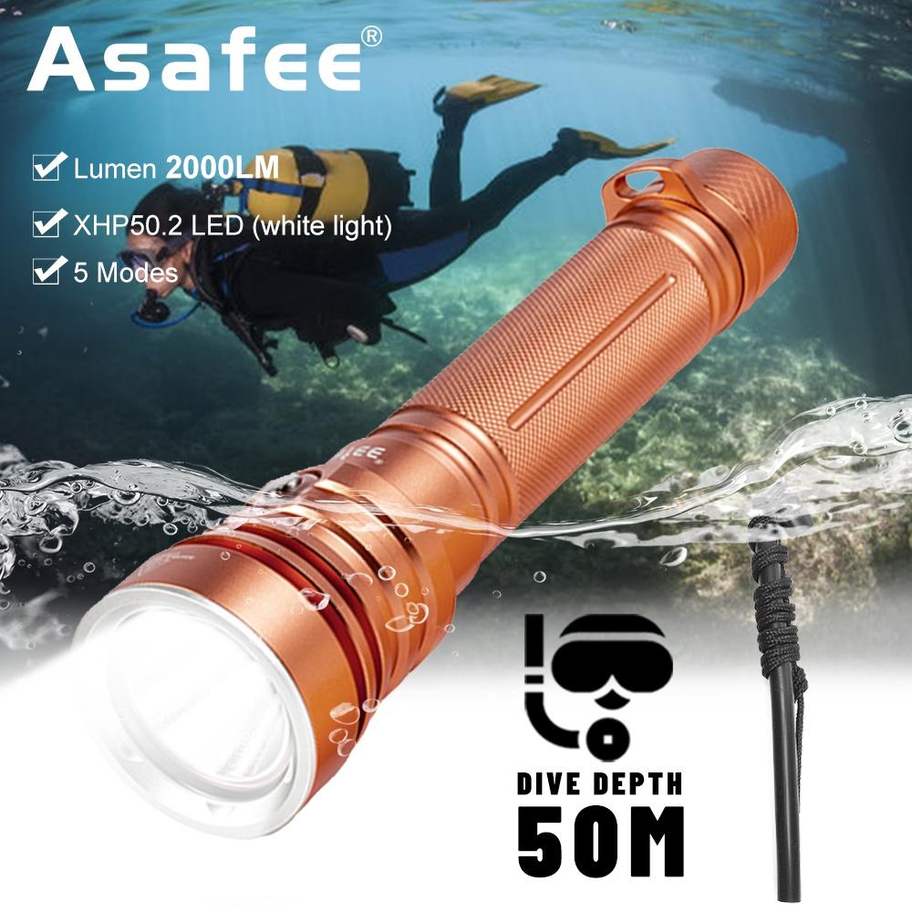 Asafee 2000LM A20 Super Powerful Light XHP50.2 LED  Diving Flashlight Scuba using 18650/26650 battery 5 gear switching underwater Waterproof 80M IPX8 Waterproof