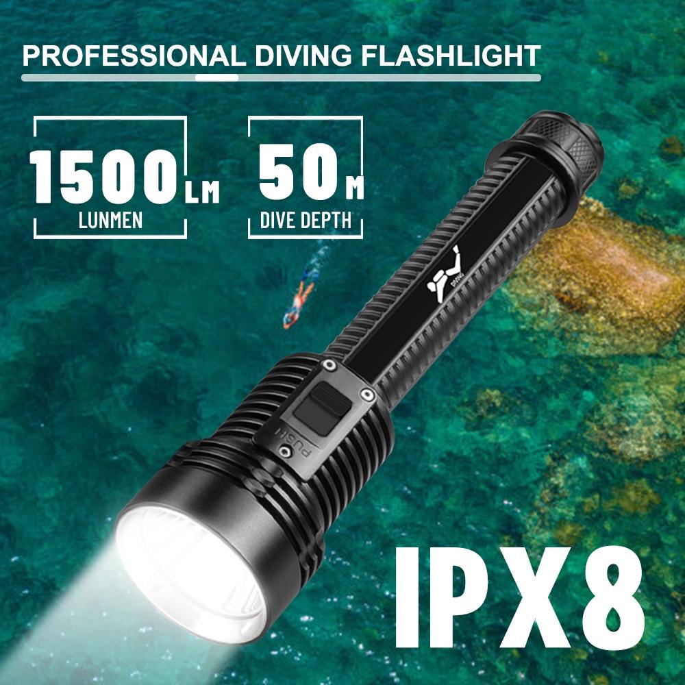 Asafee 1200-1500Lm D313 T40 Led Super Bright Diving Flashlight Scuba Can Focus Push Magnetic Switch Use 2X18650 Battery 3 Gear Switches Underwater 30Mipx8 Waterproof