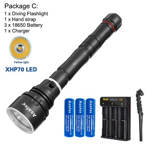 Asafee 3000LM DA33 ultra bright P70 LED diving flashlight scuba fishing underwater 80M using 18650/26650 batteries  multi gear magnetic control thrust switch IPX8 waterproof