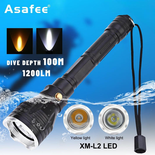 Asafee 1200lm Diving Flashlight L2 Led White/Yellow Light Underwater 100m Depth Torch Scuba Dive Lamp Fishing Camping Cycling Water-Resistant