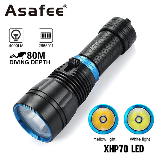 Asafee D185 Super Bright.XHP70 LED Professional Diving Flashlight white/yellow light Underwater 80M Scuba 4000LM Using 26650Battery Stepless Dimming Magnetic Switch IPX8 Waterproof