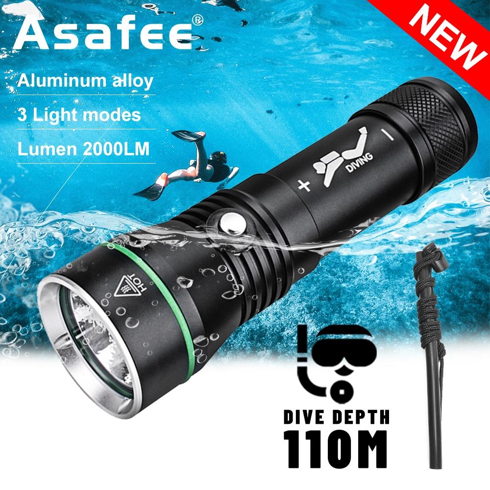 Asafee 2000LM S3 XHP50 LED Super bright light diving flashlight uses 18650/26650 battery three-gear button switch underwater 110M IPX8 Waterproof