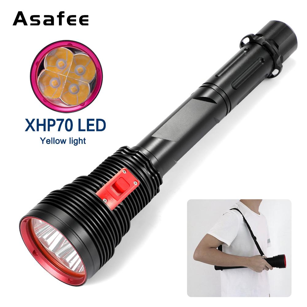 Asafee 15000LM A47 Yellow light 4*XHP70.2 LED Powerful Super Bright Diving Flashlight Scuba Lights 3 modes Head to switch Torch lamp for Underwater 200M IPX8 waterproof