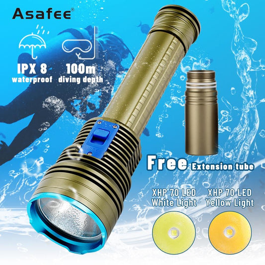 Asafee 5000LM X70 Powerful super bright XHP70.2 LED Diving flashlight scuba white light 100M underwater diving use 26650 battery IPX8 waterproof