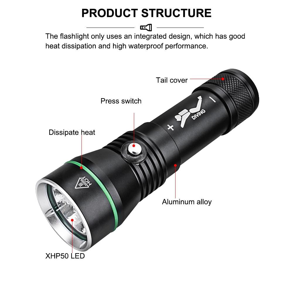 Asafee 2000LM S3 XHP50 LED Super bright light diving flashlight uses 18650/26650 battery three-gear button switch underwater 110M IPX8 Waterproof