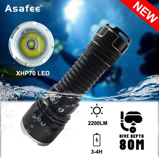 Asafee A18S Super Bright Powerful 2200LM XHP70 LED Diving Torch Scuba Diving Torch Underwater 50-80M using 18650/26650 battery IPX8 Waterproof