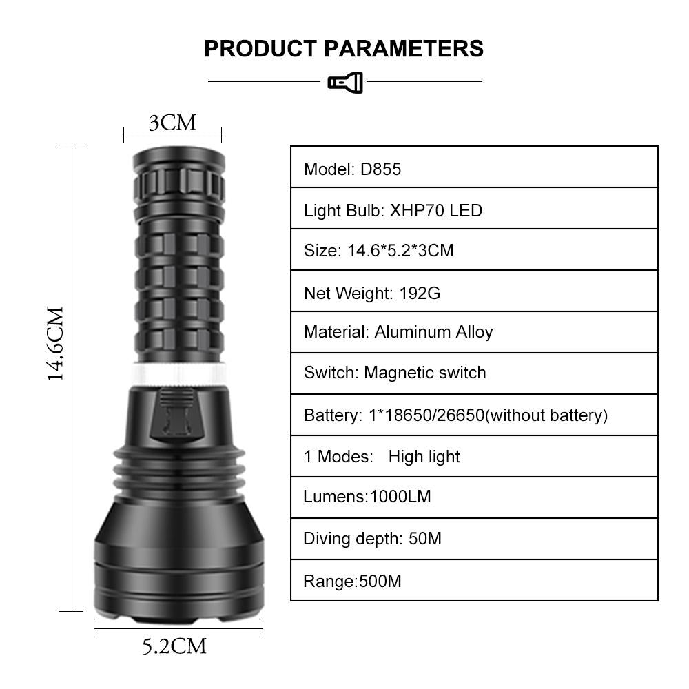 Asafee 1000Lm D855 Xhp70 Powerful Super Bright Diving Flashlight Scuba Magnetic Switch Using 26650 18650 Optical Cup Fixed Focus Underwater 50M Ipx8 Waterproof