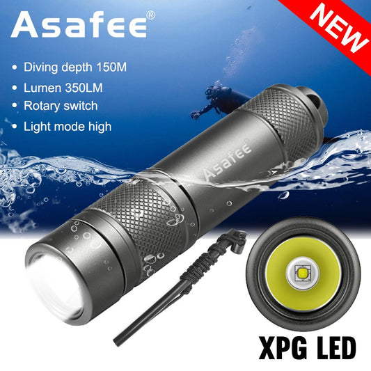 Asafee 350LM AF11 XPG LED Super Bright Diving Flashlight Diving Scuba Underwater 150 M Rotary Switch with 18650 Battery IPX8 Waterproof