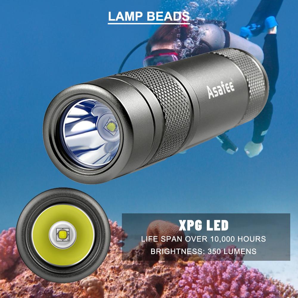 Asafee 350LM AF11 XPG LED Super Bright Diving Flashlight Diving Scuba Underwater 150 M Rotary Switch with 18650 Battery IPX8 Waterproof