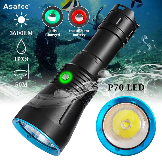 Asafee DA16S 3600LM Professional Diving Flashlight XHP70 LED Scuba Lantern Rechargeable 50M Underwater Dive Torch