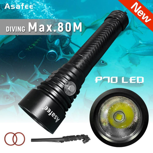 Asafee Super bright XHP70 Diving Flashlight 2500LM A19 Scuba Dive LED snorkeling Underwater Torch 3 Modes Lamp Lanterna IPX8 Waterproof