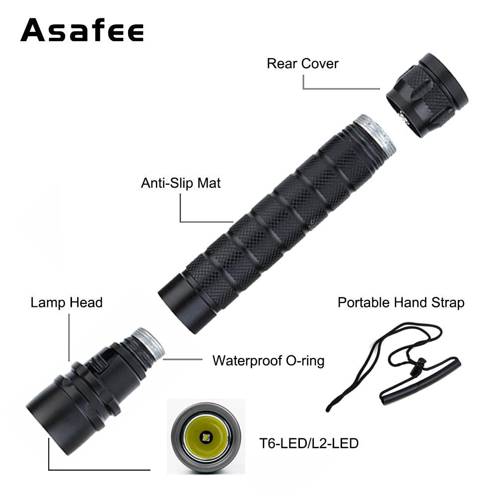 Asafee 3000Lm Xml L2 Led Waterproof 18650 Scuba Diving Flashlight 100M Underwater Torch