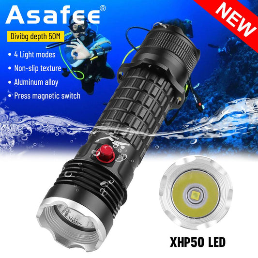 Asafee D902 underwater Diving flashlight Super brightness XHP50 LED anti slip using18650/26650 batteries 4-speed push magnetic switch IPX8 waterproof underwater 50M