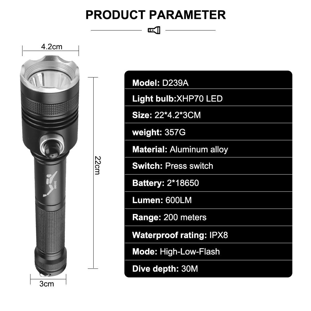 Asafee 600LM D239A P70 LED ultra bright dive flashlight Scuba Prime focus 3 gear press magnetic switch using 18650 battery IPX8 waterproof