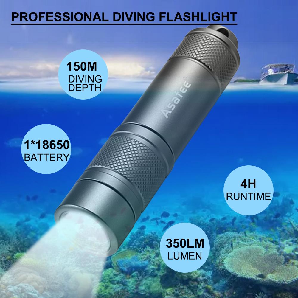 Asafee 350LM AF11 XPG LED Super Bright Diving Flashlight Diving Scuba Underwater 150 M Rotary Switch with 18650 Battery IPX8 Waterproof