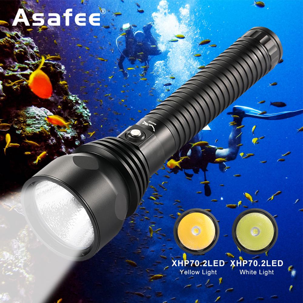 Asafee A17 Diving Torch XHP70.2 LED yellow /white light Diving Torch Central waterproof switch Applicable battery 2* 26650 IPX-8 waterproof diving fishing