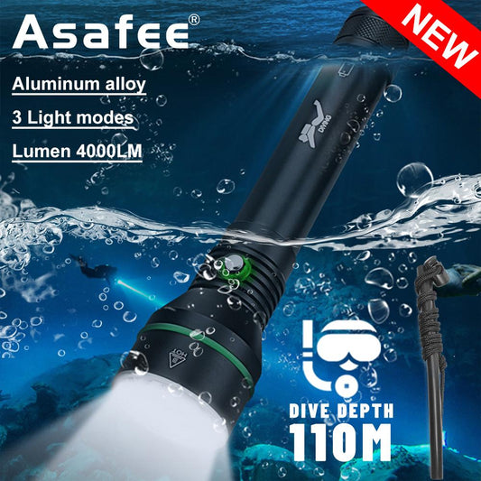 Asafee S5 4000LM XHP70 LED Super Bright Diving Scuba Flashlight 110M Underwater with 18650/26650 Battery 3 modes Press Switch IPX8 Waterproof