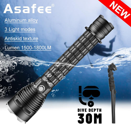 Asafee1800LM Super Bright Diving Flashlight D815A XHP70 LED Scuba Flashlight Underwater 30M Using 18650/26650 Batteries 3-speed Magnetic Switch IPX8 Waterproof